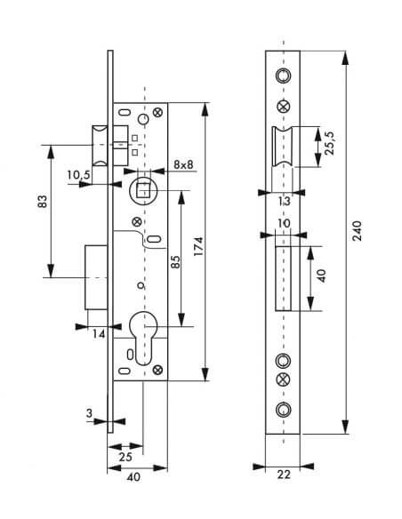 Broasca usa intrare, ingropata, 25 x 85 mm, pt. cilindru profil european, contraplaca inox, zincat - potrivita pt. usa termopan,