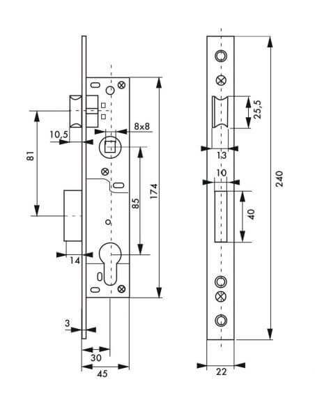 Broasca usa intrare, ingropata, 30 x 85 mm, pt. cilindru profil european, contraplaca inox, zincat - potrivita pt. usa termopan,