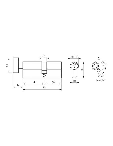 Cilindru 40 x 30 mm, cu buton, nichelat, STD, 3 chei - 2