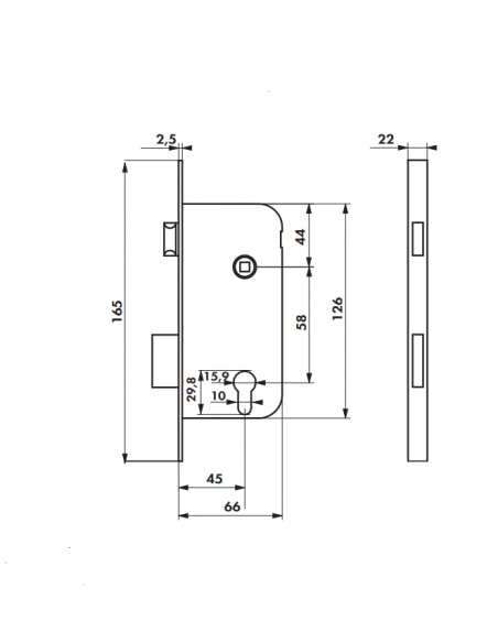 Broasca usa intrare, ingropata, 45 x 58 mm, pt. cilindru profil european cama UNI (redusa), zincat - potrivita pt. usa lemn, THI